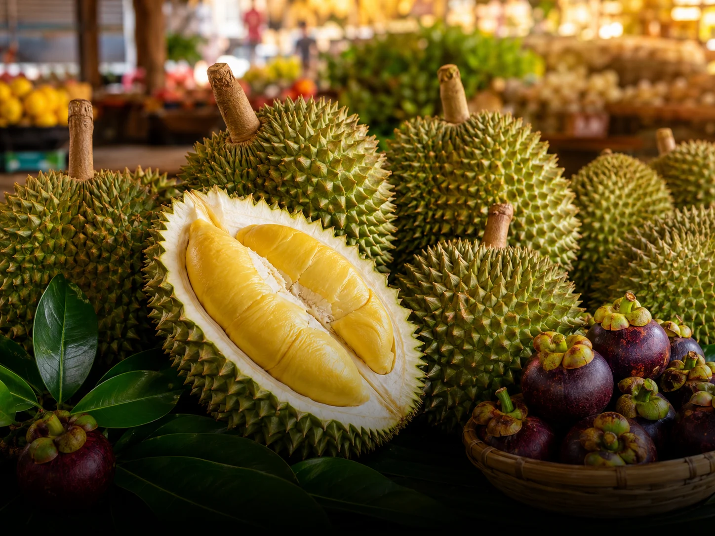 Whole and freshly opened durian fruit at a colorful Thai market