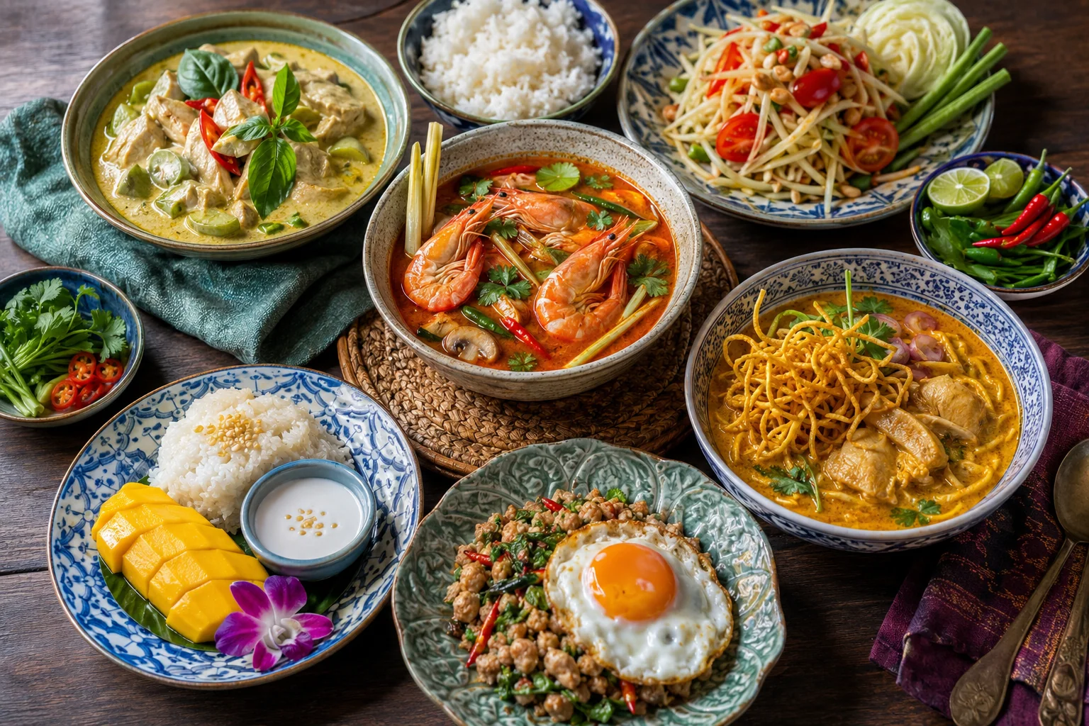 Vibrant table of famous Thai dishes including tom yum goong, green curry, som tam, khao soi, chicken pad kra pao, and mango sticky rice