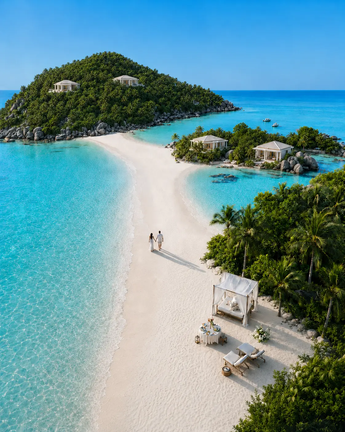 Romantic Koh Samui honeymoon beach with white sand, clear blue water, tropical palms, and a private setup for two