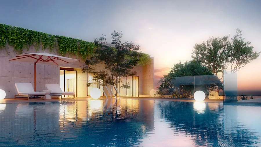 Luxury infinity pool overlooking a city skyline at sunset