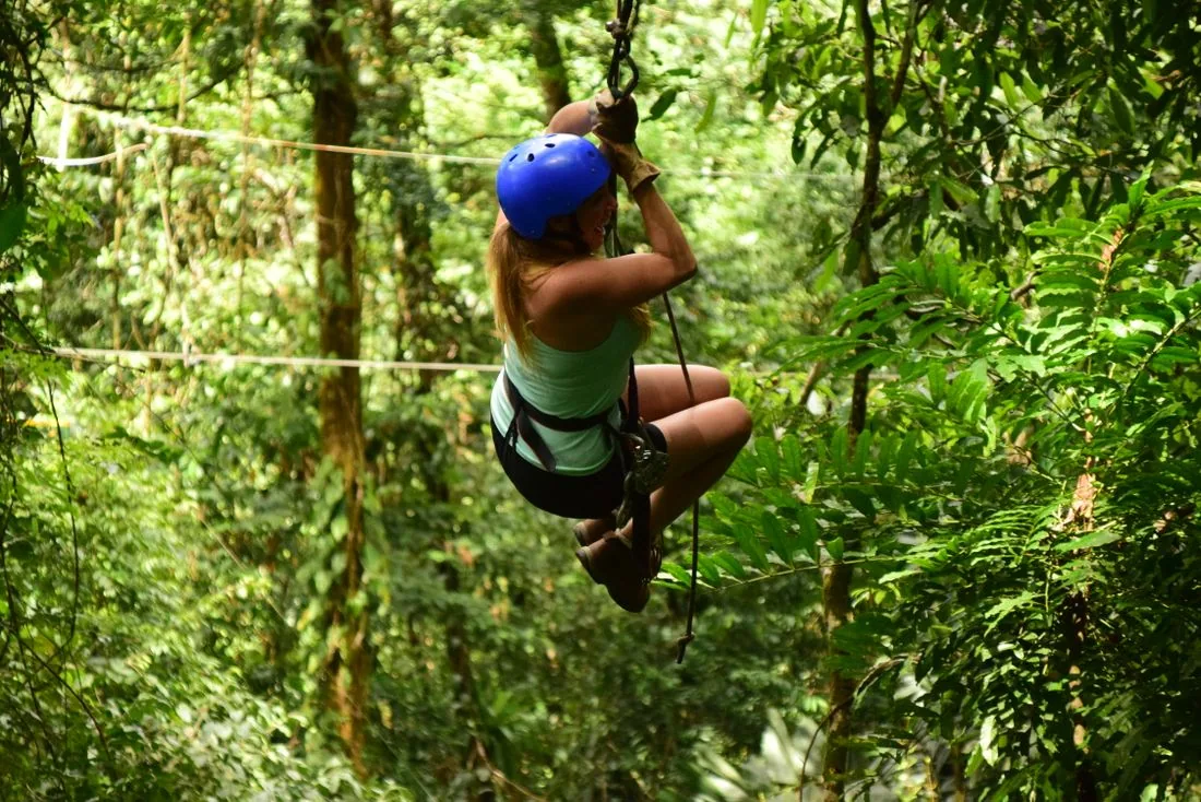 Traveler ziplining through a lush green forest canopy
