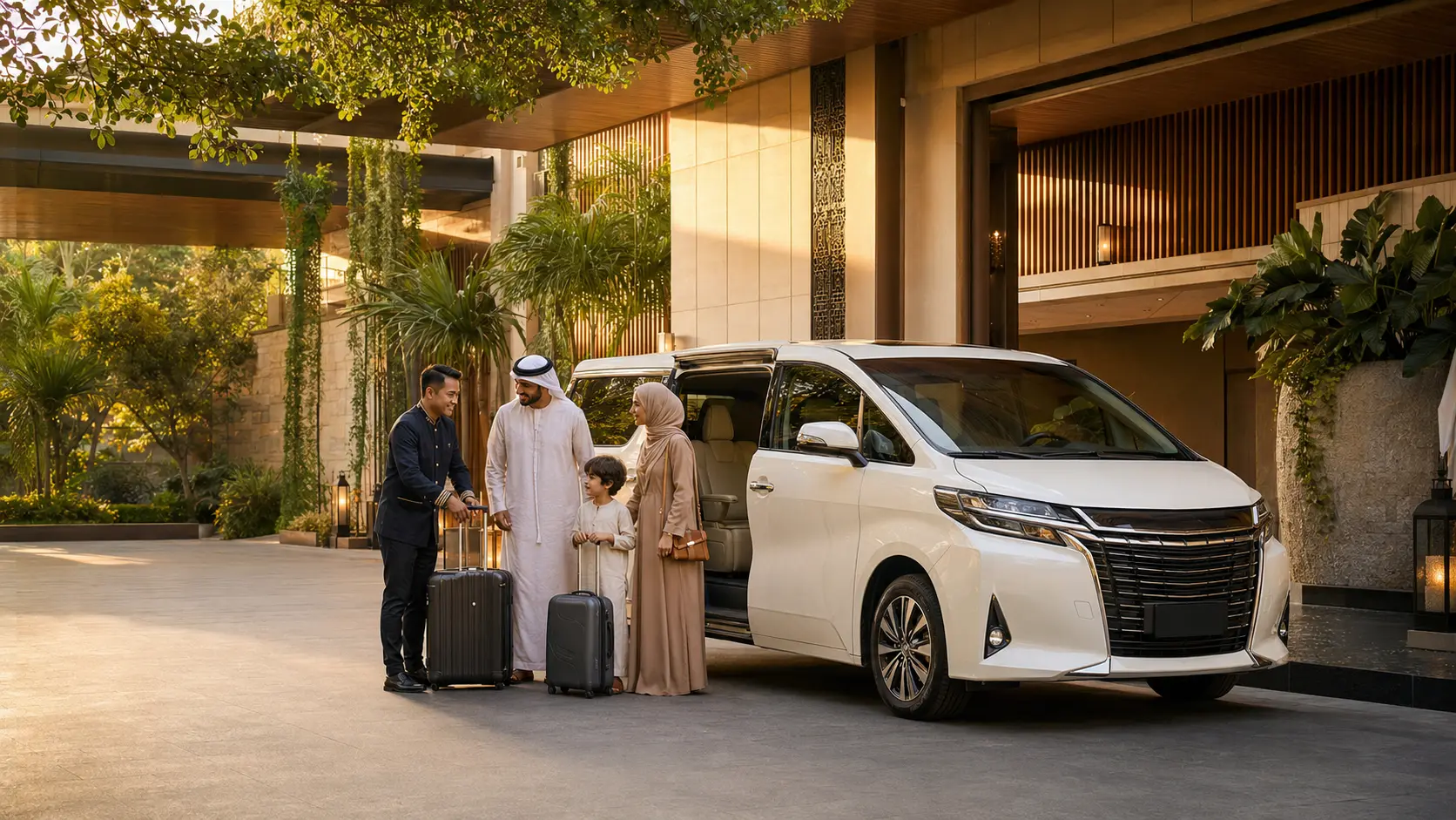 Safana-arranged premium minivan arrival with a driver assisting an Arab family at a tropical Bangkok hotel