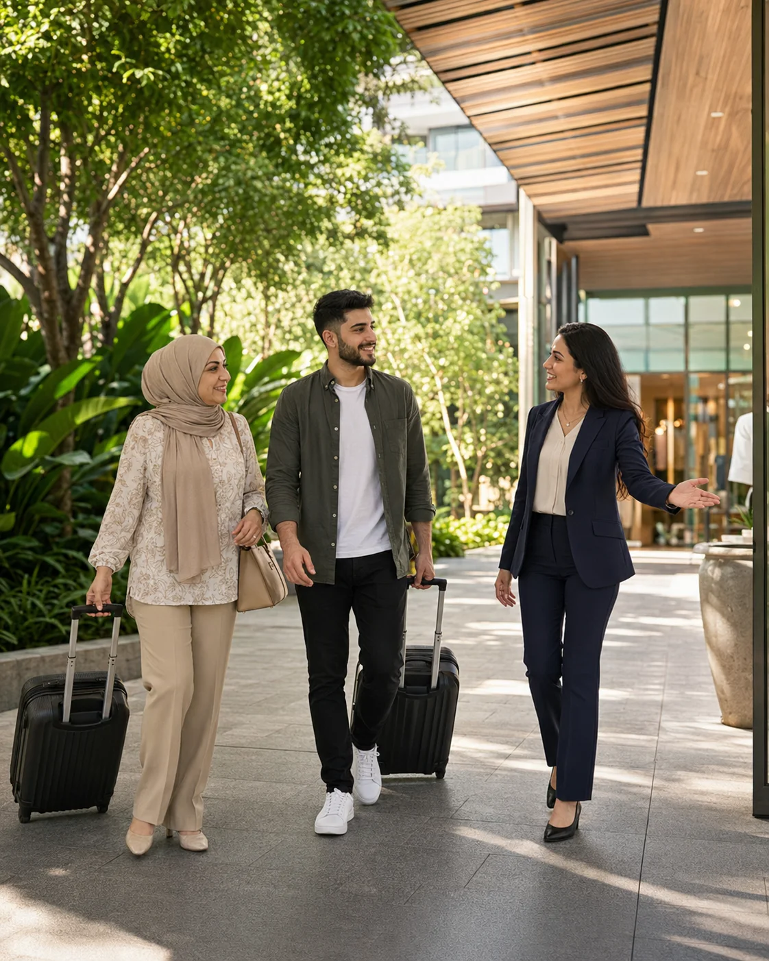 Safana coordinator welcoming an Iraqi mother and son at a bright Thailand hospital entrance