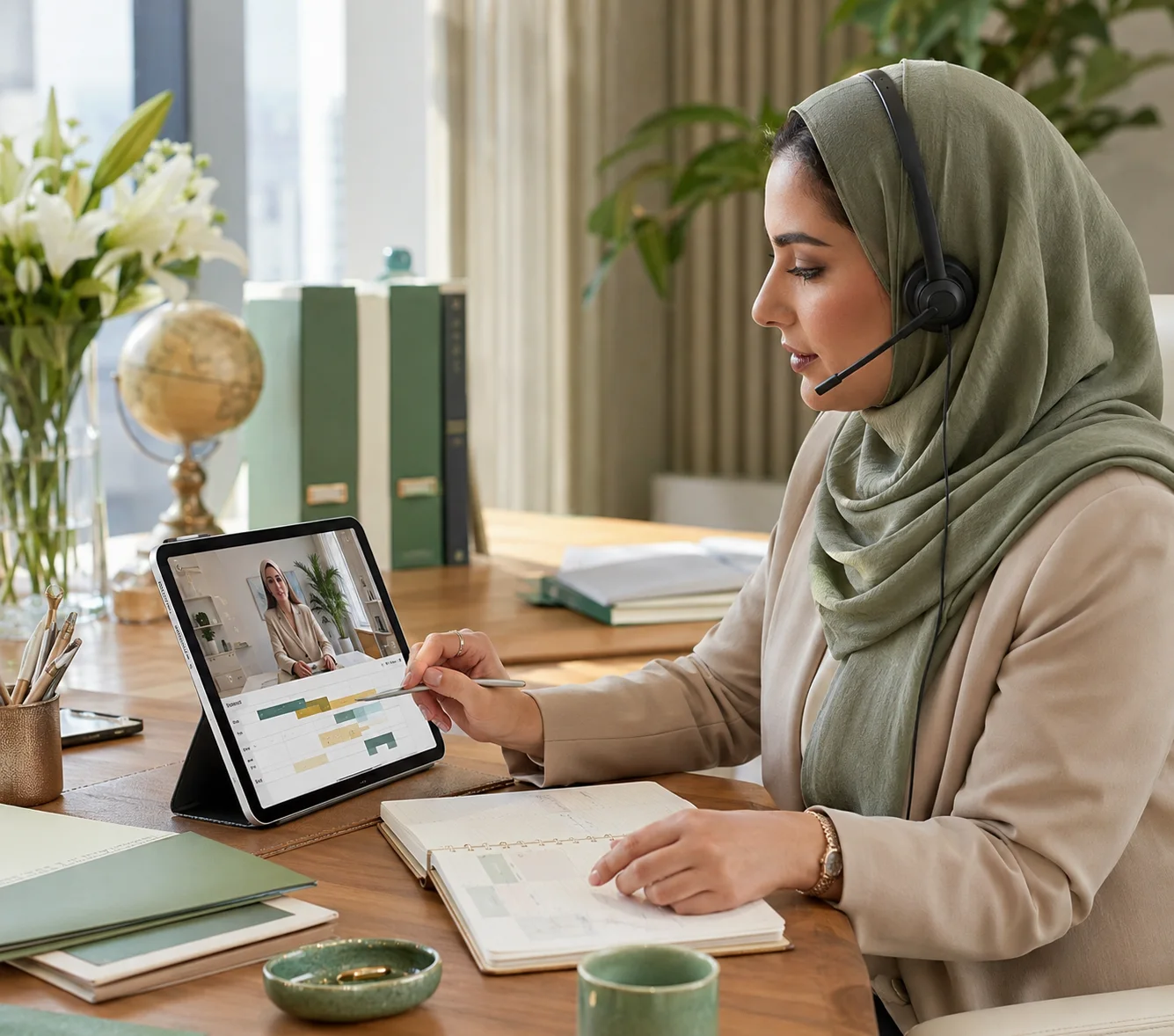 Arabic-speaking Safana coordinator organizing hospital appointments from her desk