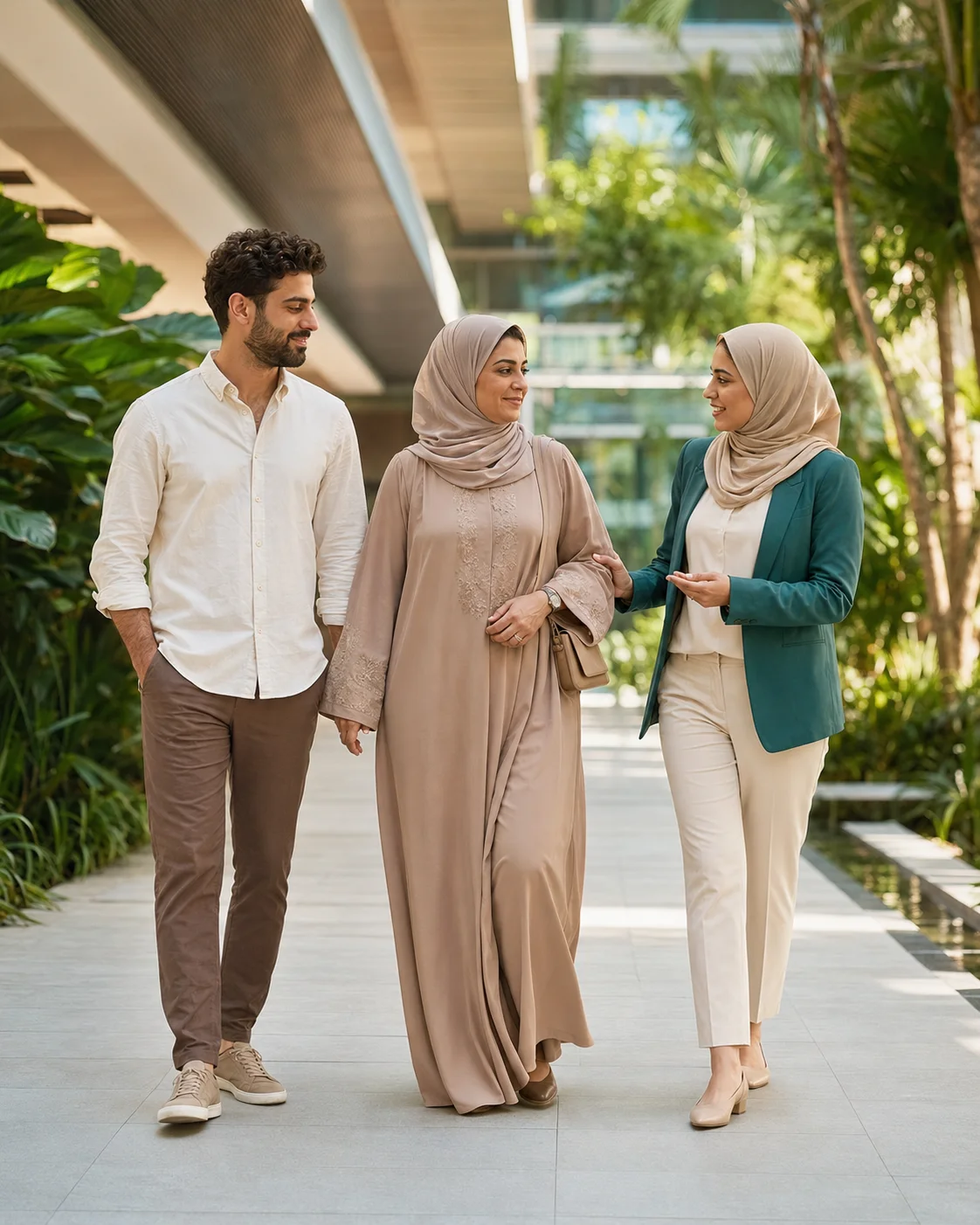 Safana coordinator walking beside a Middle Eastern family in a bright hospital garden